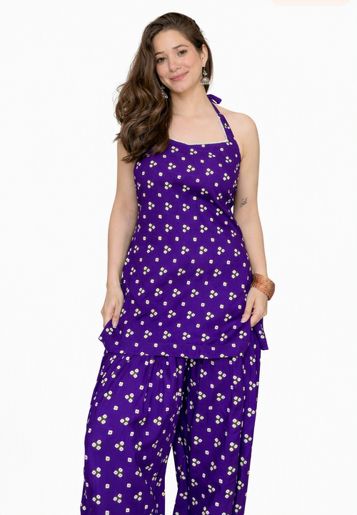 BANDHEJ PURPLE HALTER NECK FARSHI SET