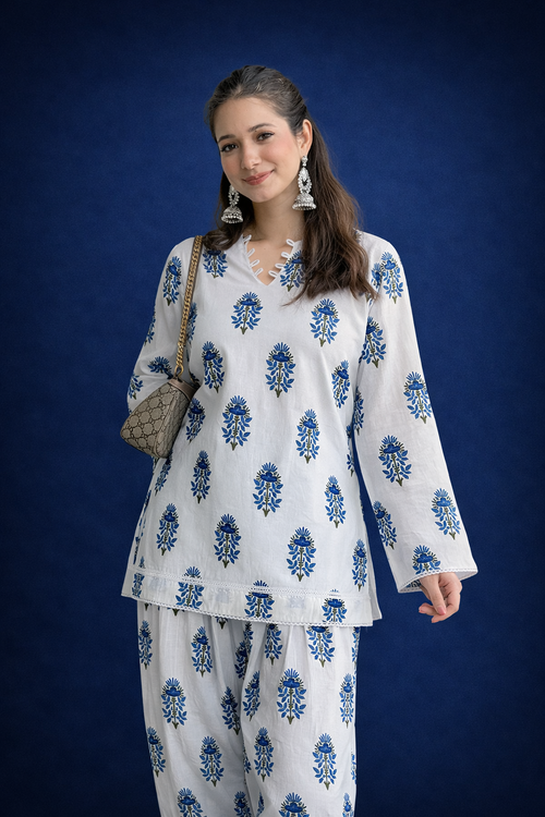 IVORY BLUE BUTA FARSHI SET