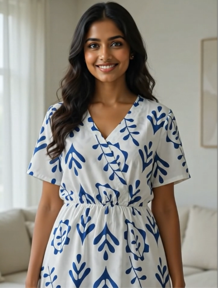 Floral Printed A-Line Midi Dress with V-Neck